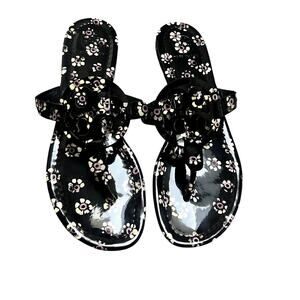 Tory Burch Miller Patent Leather Black/White Thong Floral Sandal 8.5
